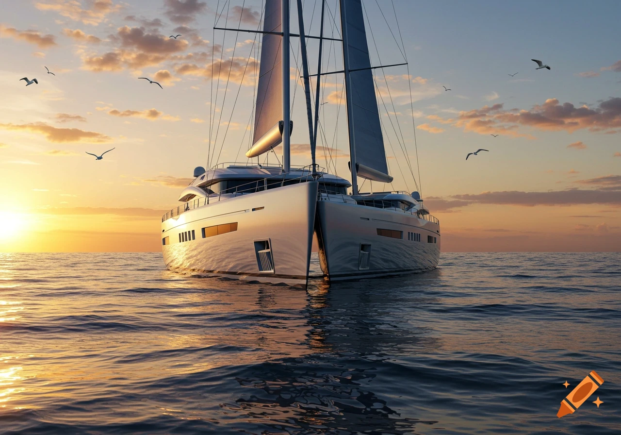 Photorealistic image of a large white catamaran sailing on calm ocean waters at sunset, with seagulls flying in the colorful sky.