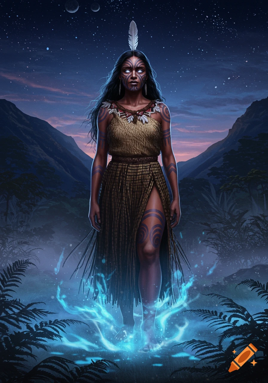 A powerful, dark-skinned woman with white eyes, blue tribal face and body paint, wearing a straw dress, stands in a misty forest with blue glowing energy under a starry night sky.