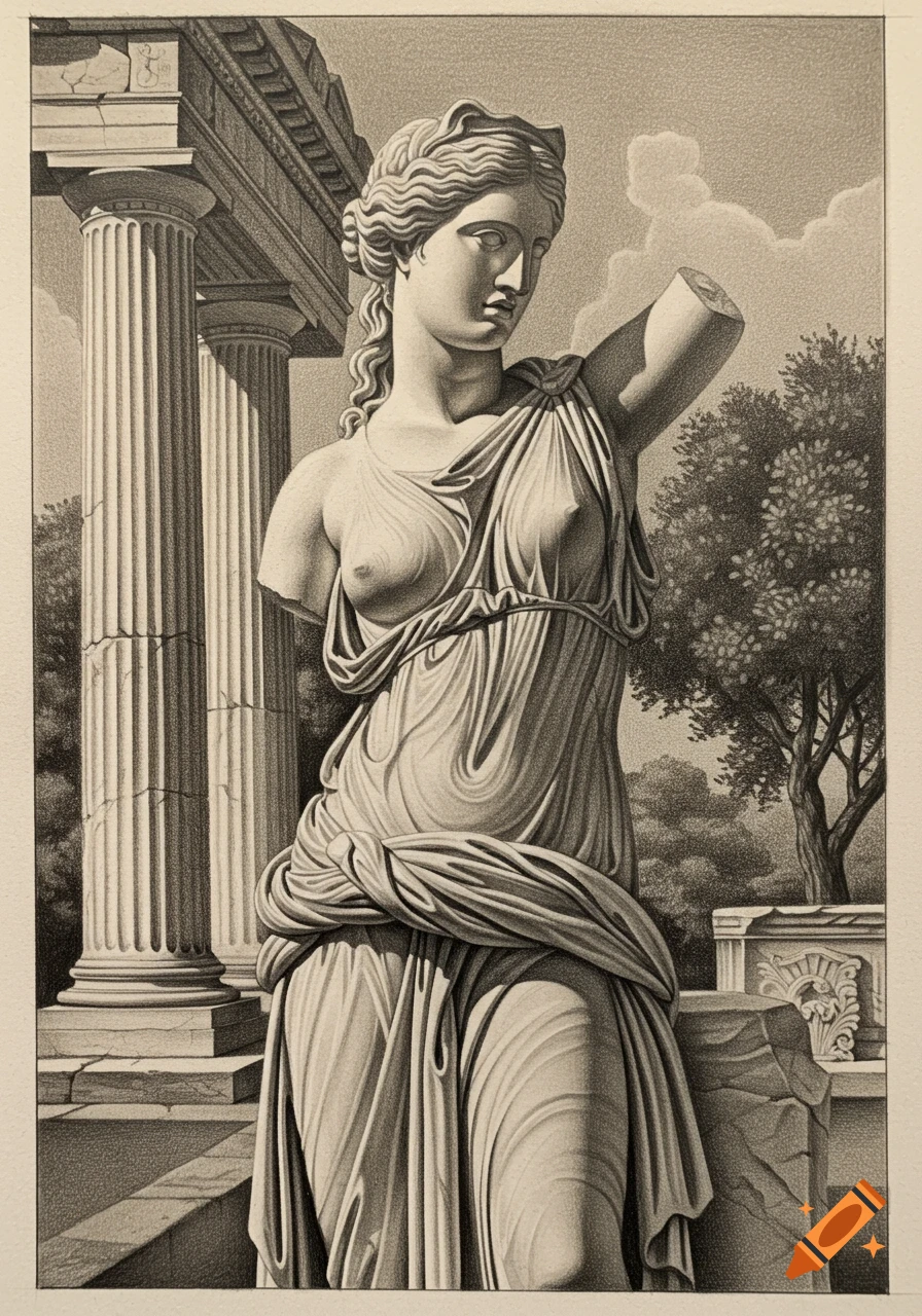 Detailed pencil drawing of a draped Greek statue with a broken arm and exposed breasts, standing before classical columns and trees.