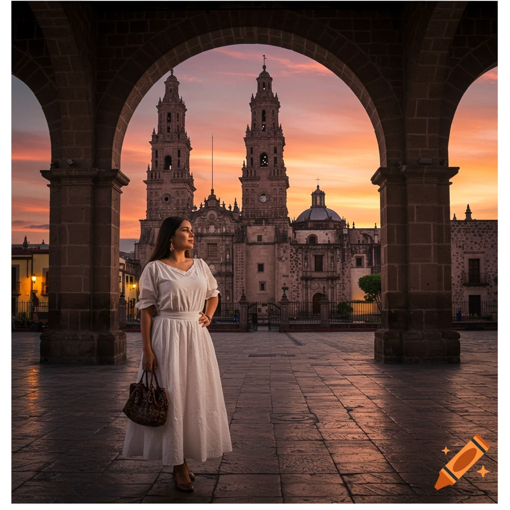A woman in a white dress stands in a plaza under stone arches, looking towards a grand cathedral at sunset.