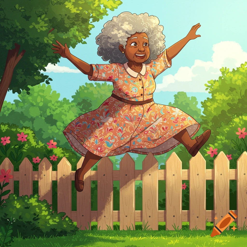 A vibrant cartoon shows a joyful elderly woman with grey afro hair leaping over a wooden fence in a green garden.