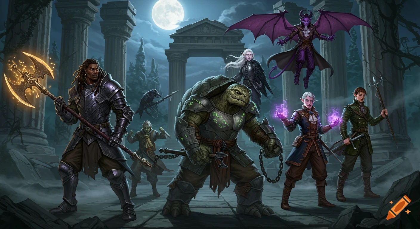 A group of D&D adventurers, including a human fighter, tortle barbarian, elf, and tiefling, posed dynamically in a moonlit ruined temple.