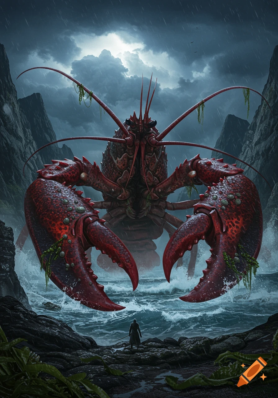 A giant, monstrous red lobster looms over a small human on a rocky, stormy shore with turbulent waters under a dark, rainy sky.