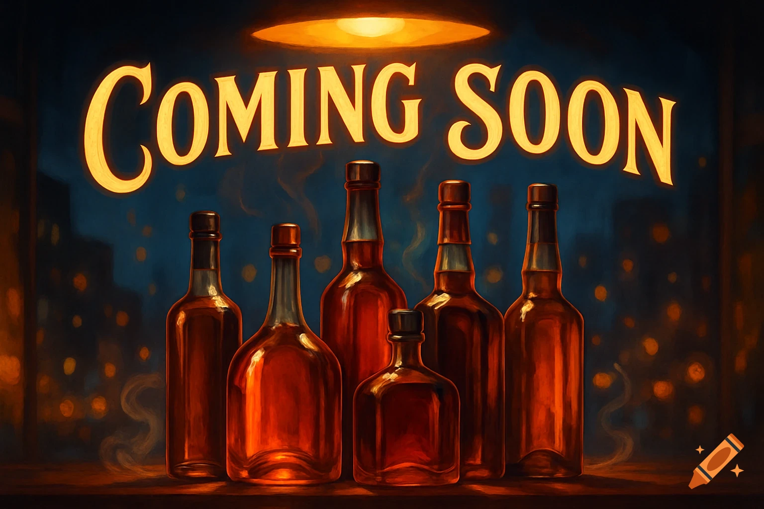 An illuminated "COMING SOON" sign hangs above a row of glowing whiskey bottles on a counter, with a dark, blurred cityscape in the background.
