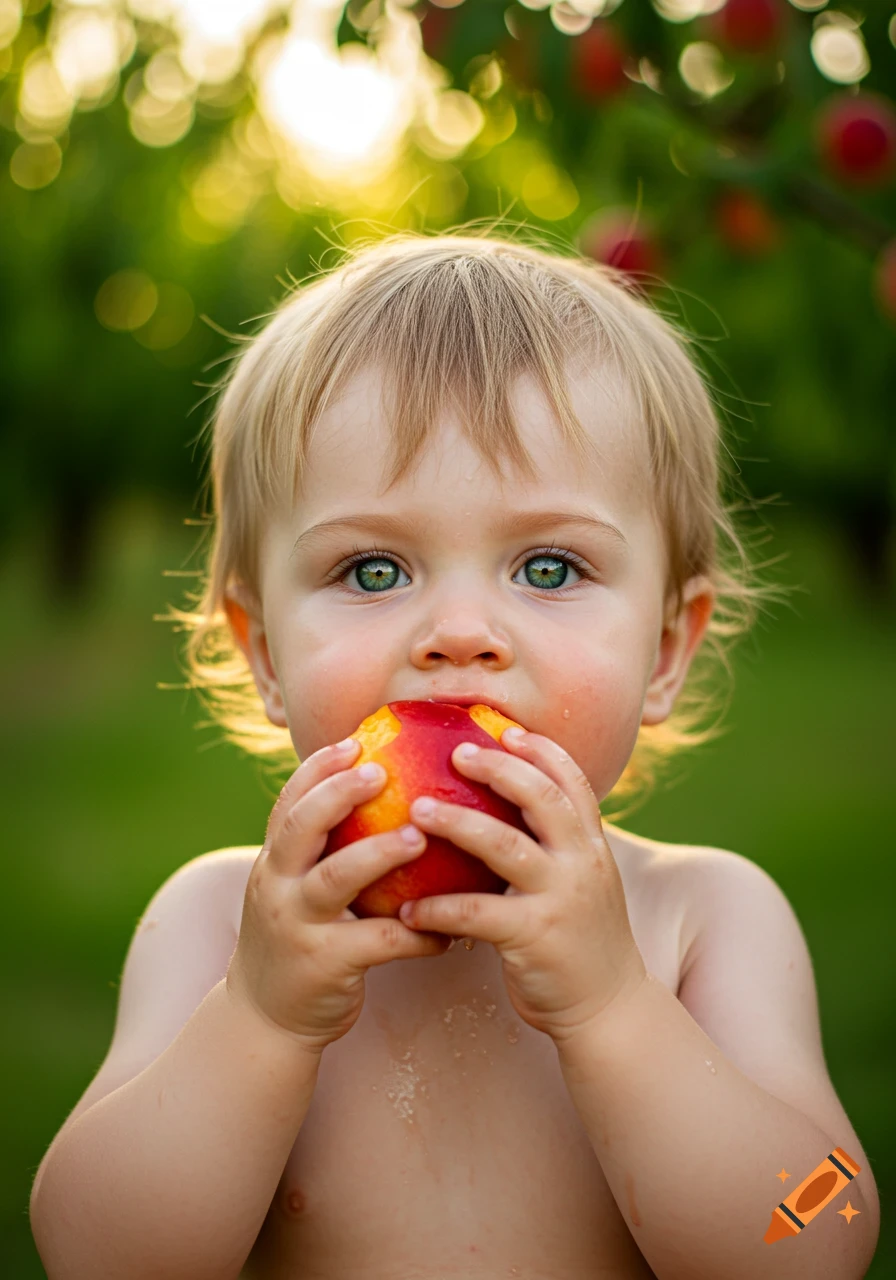 A photorealistic close-up of a baby boy with blonde hair and green eyes eating a red and yellow peach outdoors.