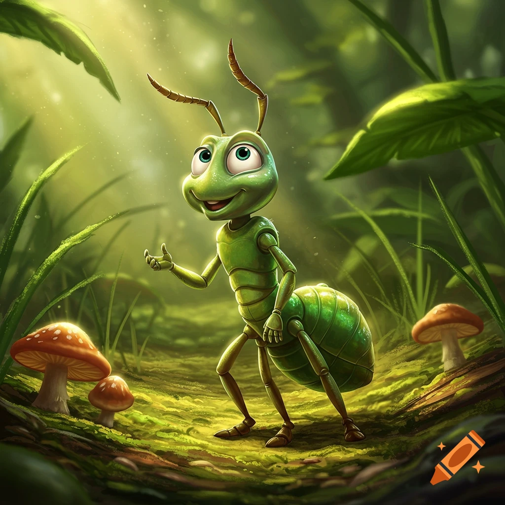 A friendly, bright green cartoon ant with large eyes stands in a lush, sunlit forest with mushrooms.