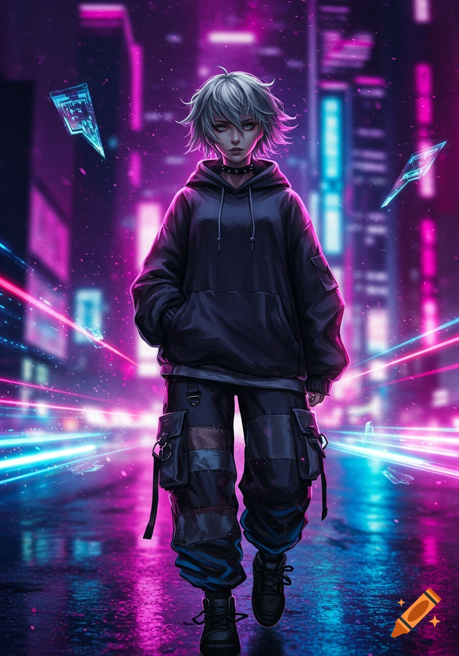 A gray-haired anime girl in a dark hoodie and cargo pants stands in a futuristic city street with vibrant neon lights.