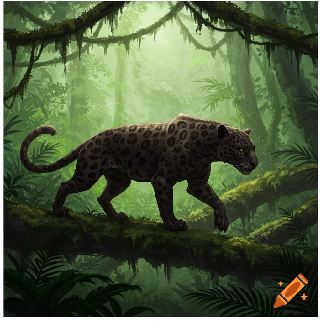A dark jaguar-like creature with rosettes walks along a mossy branch in a misty rainforest, illustration.