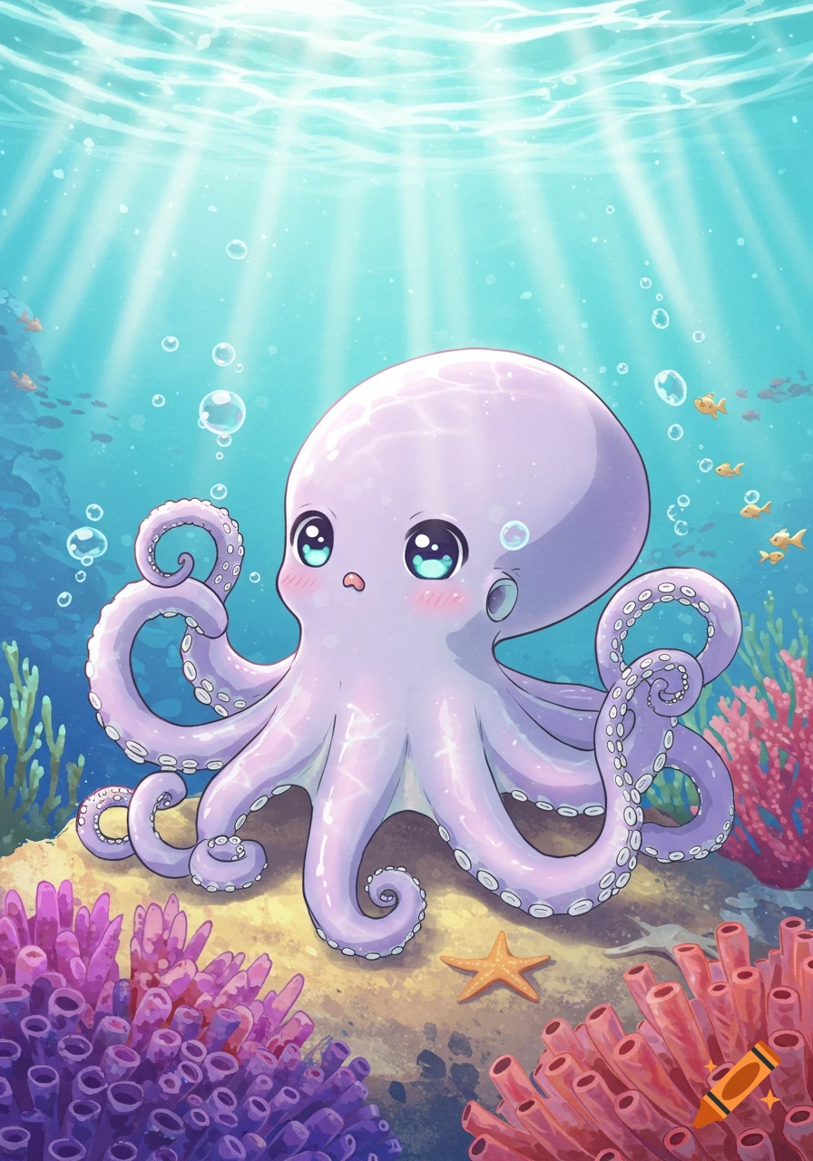 A cute anime-style purple octopus with big eyes rests on the seabed surrounded by colorful coral and fish, with sunlight streaming from above.