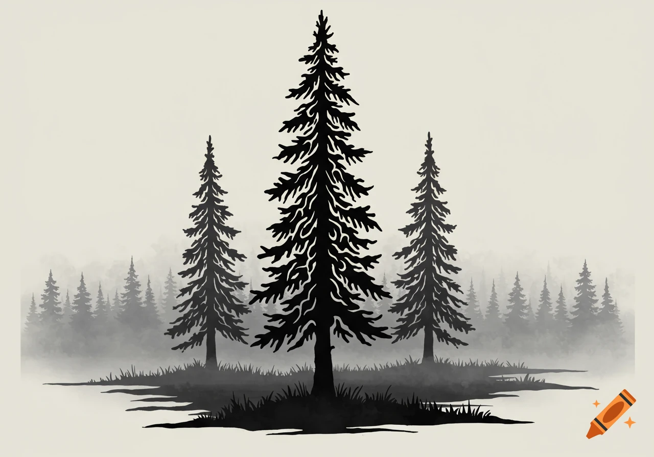 A stylized black silhouette of three pine trees in the foreground with a faint forest background.