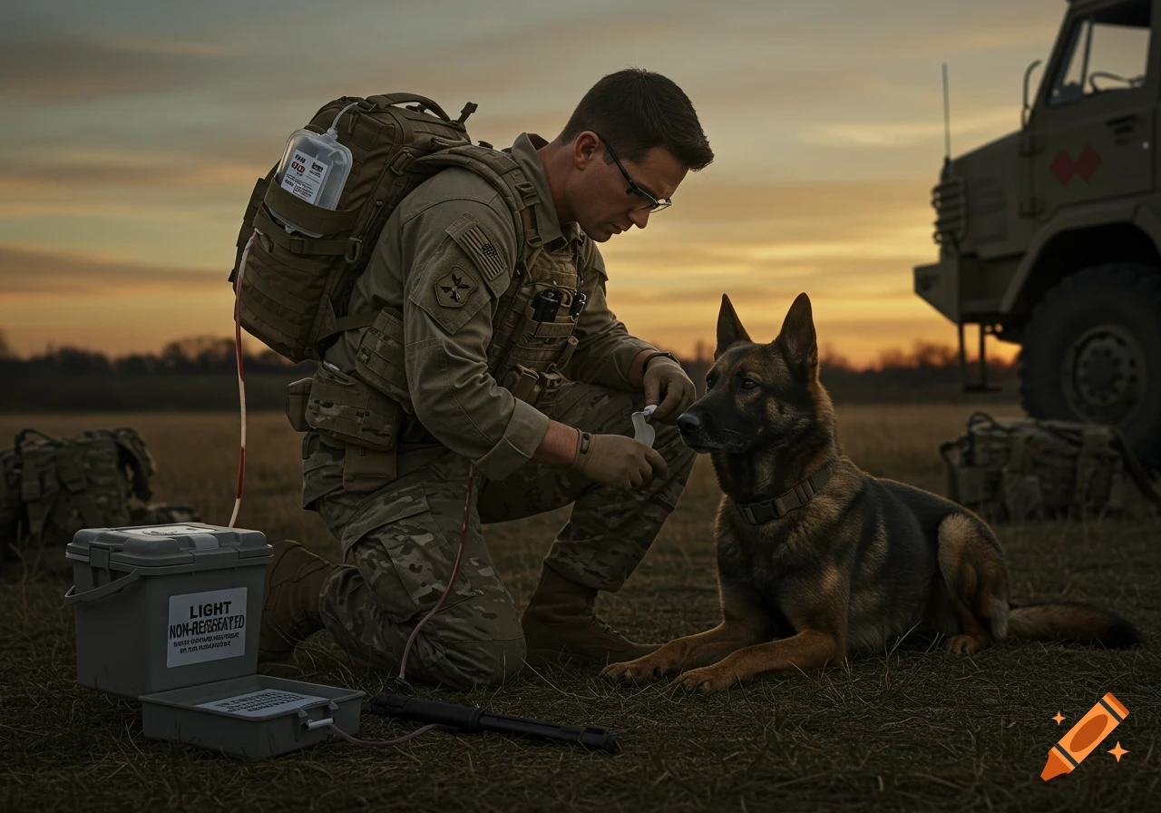 Photorealistic image of a military medic kneeling to tend to a German Shepherd dog at dusk, with medical equipment visible.