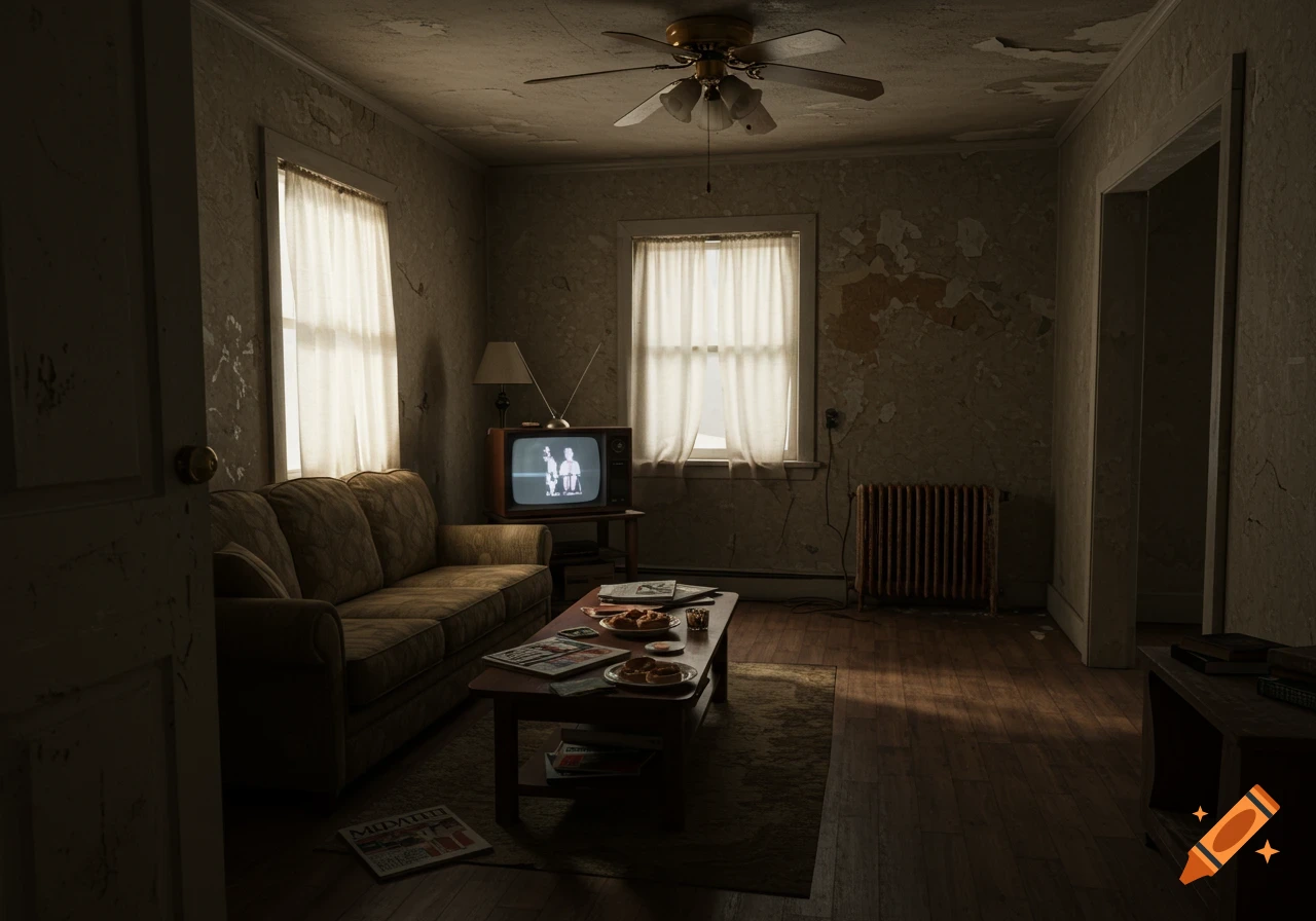 A dimly lit, old-fashioned living room with peeling wallpaper, a worn couch, an old television, and a coffee table with magazines and pastries. Light streams through windows.