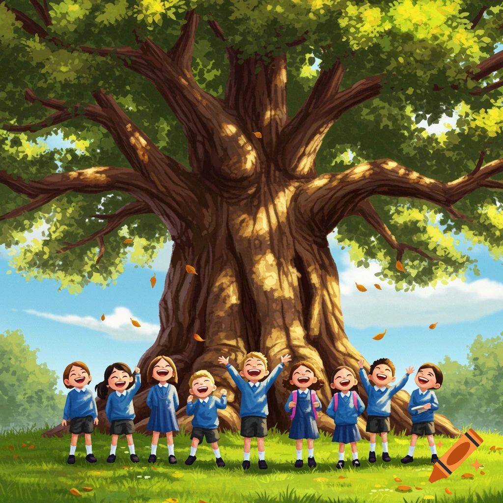Happy school children in blue uniforms stand under a large tree with falling leaves in an illustrative style.