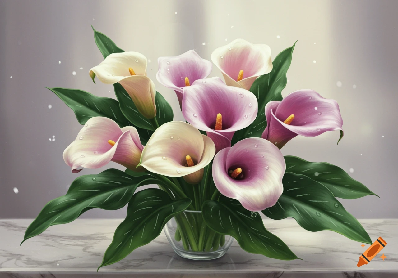 A bouquet of white and purple calla lilies with green leaves and water droplets in a clear glass vase on a marble table.