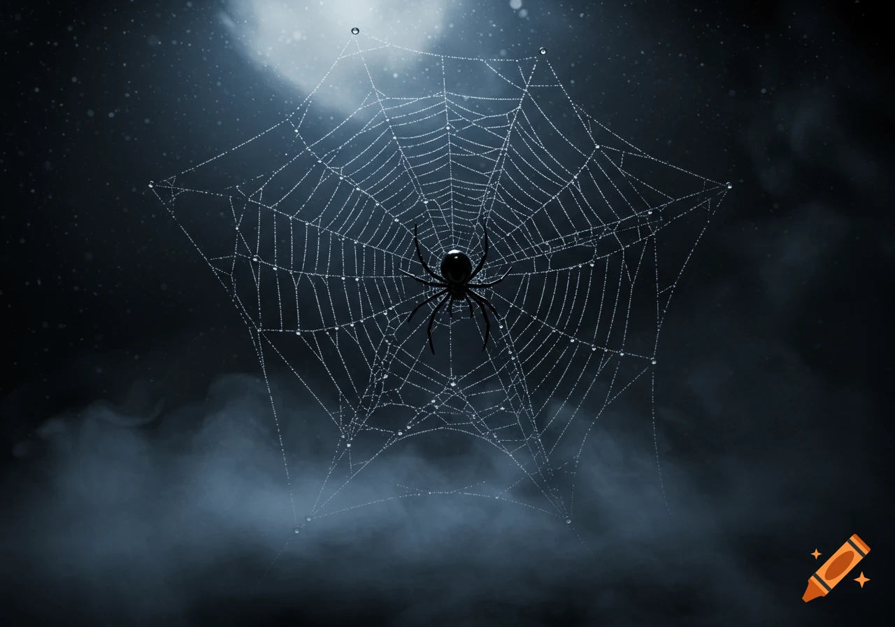 A black spider sits centered on a glistening spiderweb covered in dew drops, set against a dark, foggy background with soft moonlight.