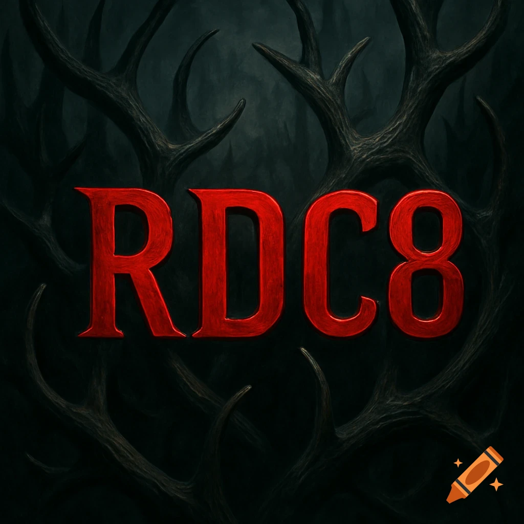 Red letters RDC8 are centered against a dark, gnarled background resembling antlers or roots.