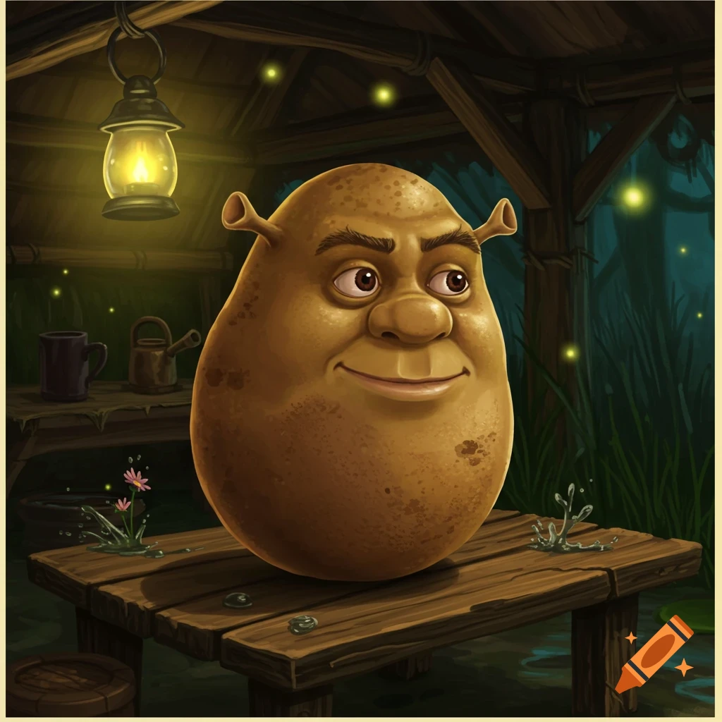 A potato with Shrek's face and ears sits on a wooden table in a lantern-lit swamp hut with fireflies. Digital illustration.