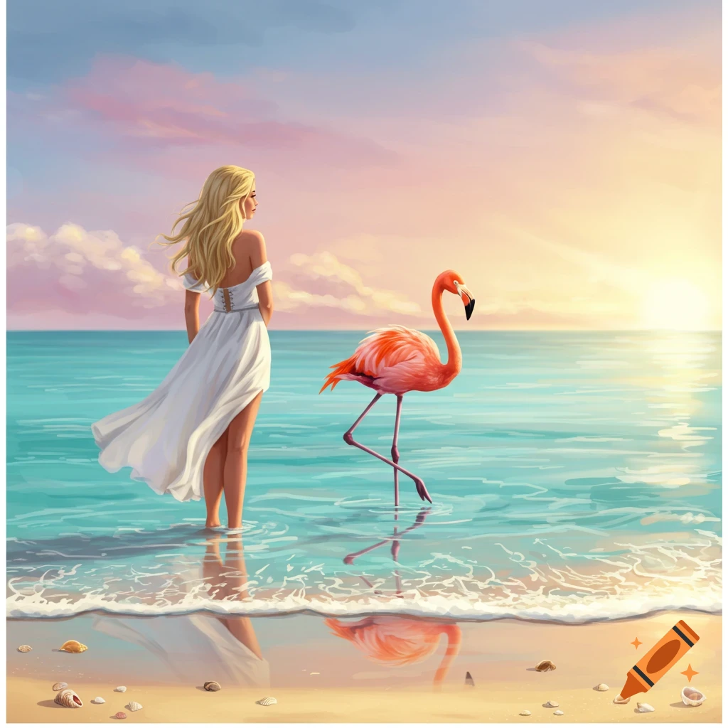 Blond woman in white dress stands in shallow ocean water with a pink flamingo at sunset, digital art style.