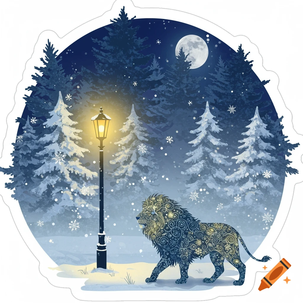 Stylized lion with intricate patterns walks through a snowy forest at night, illuminated by a lamppost under a full moon, in a sticker style.