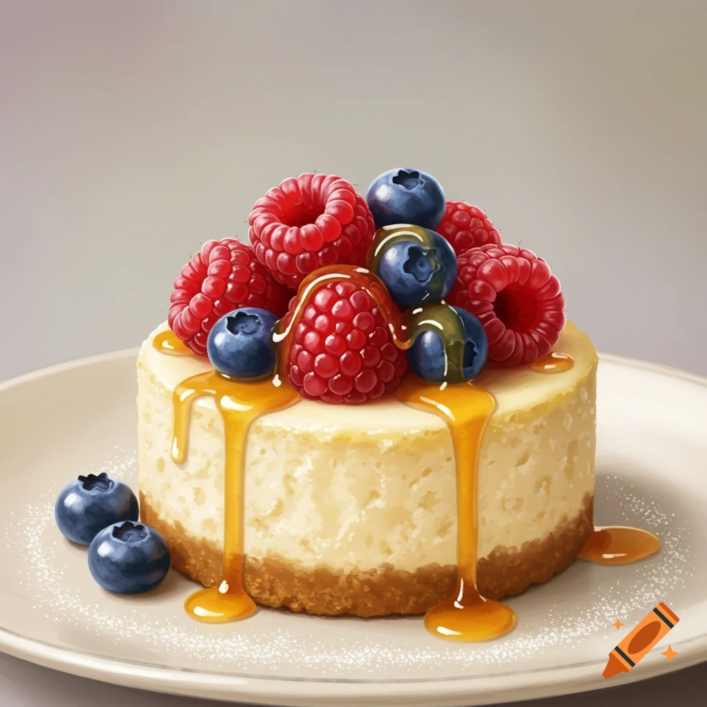 A photorealistic individual cheesecake topped with raspberries, blueberries, and a drizzle of golden syrup on a white plate.