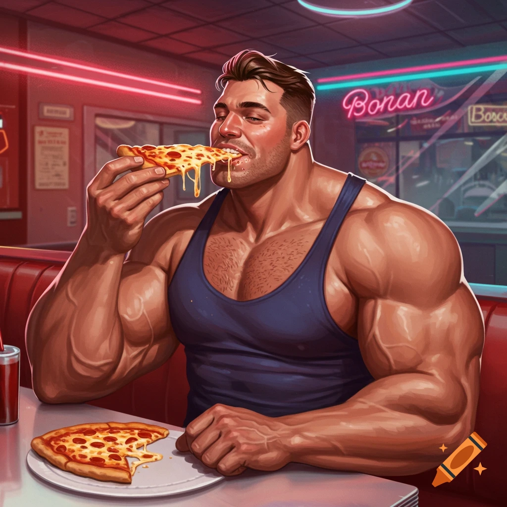 A muscular man in a blue tank top eats a slice of cheesy pizza in a retro diner, with neon signs in the background. Stylized illustration.