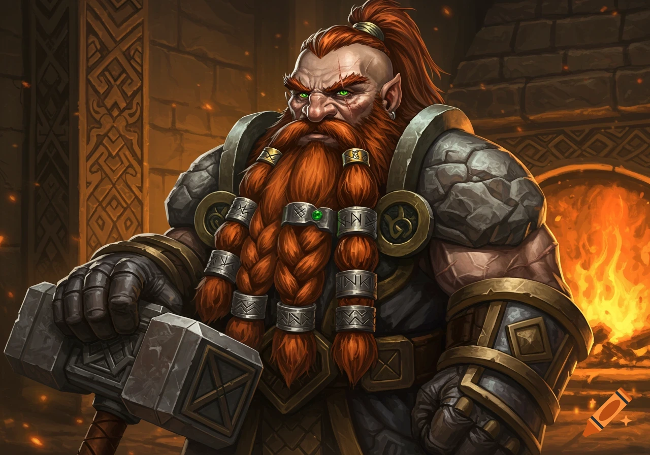 A powerful dwarf warrior with a long braided red beard and green eyes holds a large hammer in a forge.