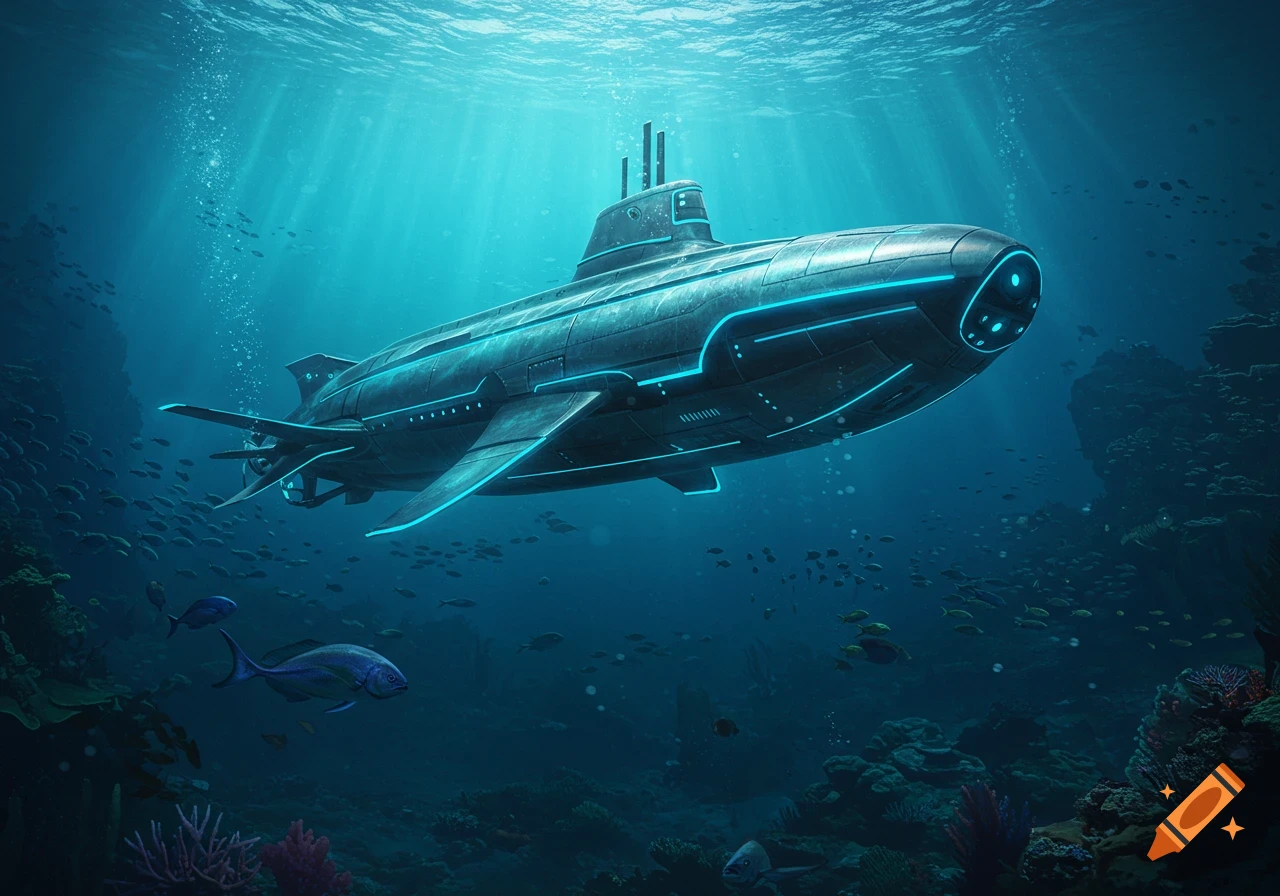 A futuristic submarine with glowing blue lines navigates a vibrant underwater world filled with fish and coral.