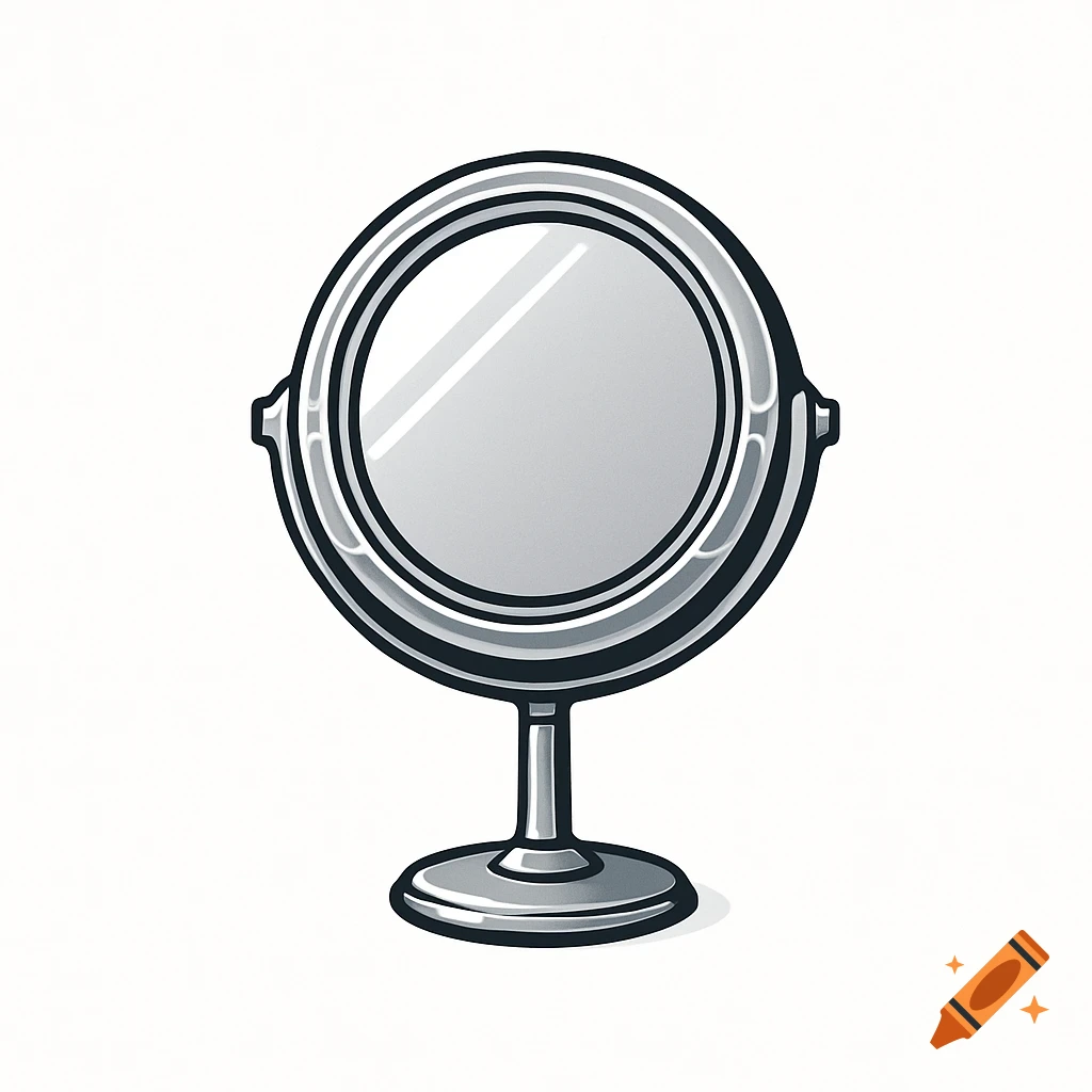 A stylized black and white illustration of a round standing mirror with a glossy surface.