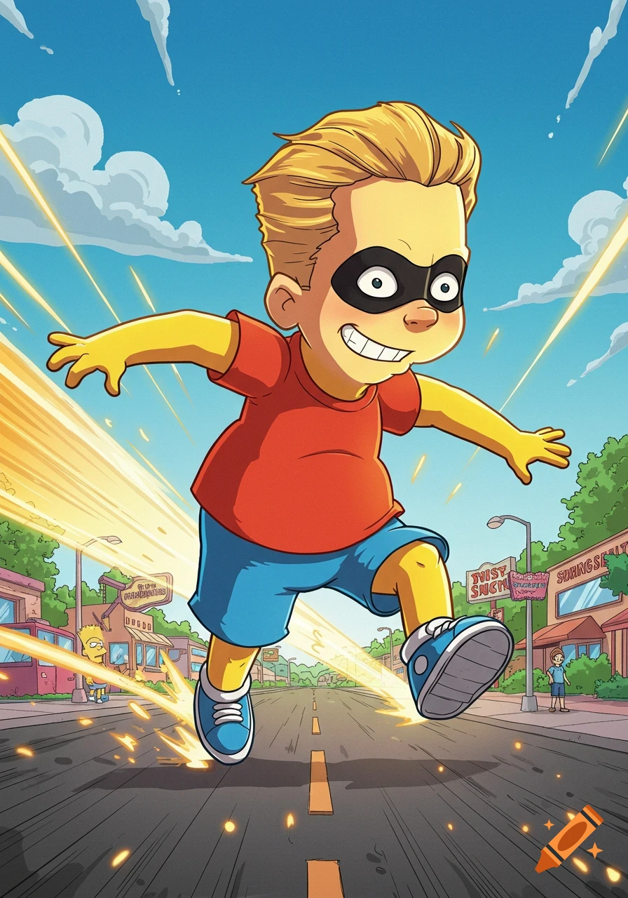 Dash Parr dressed as Bart Simpson runs at super speed down a cartoon street, surrounded by yellow energy.
