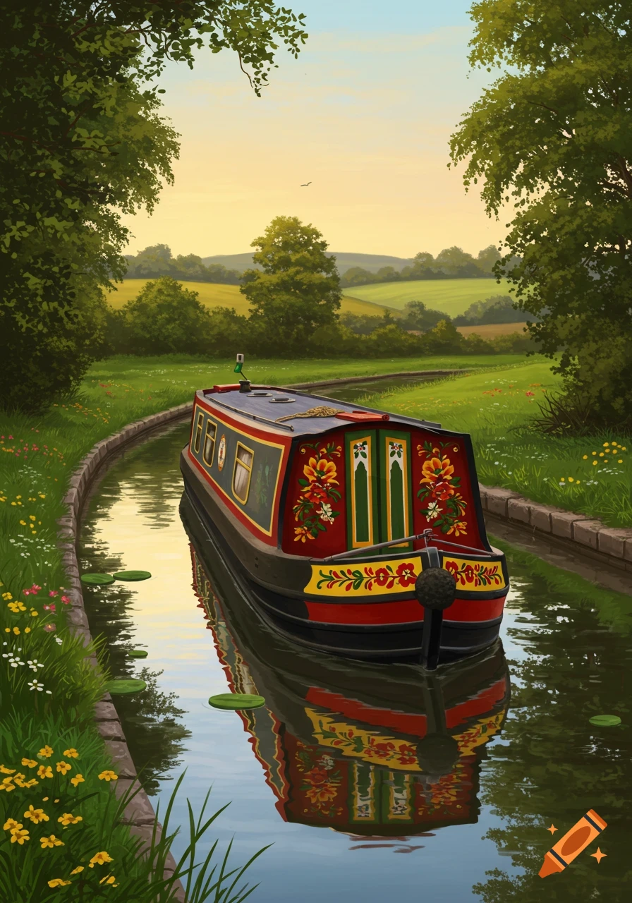 An illustrative painting of a colorful narrowboat traveling down a peaceful canal lined with trees and wildflowers at sunset.