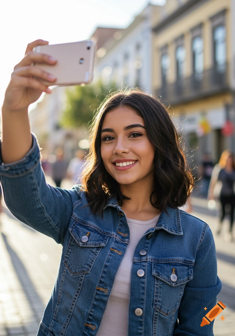 A smiling young woman in a denim jacket holds a phone up to take a selfie on a sunny city street.