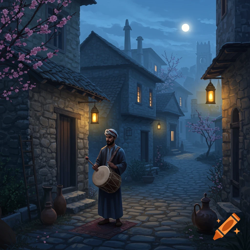 A man in traditional clothes plays a drum on a cobblestone street in an old stone village at night, illuminated by lanterns and a full moon.