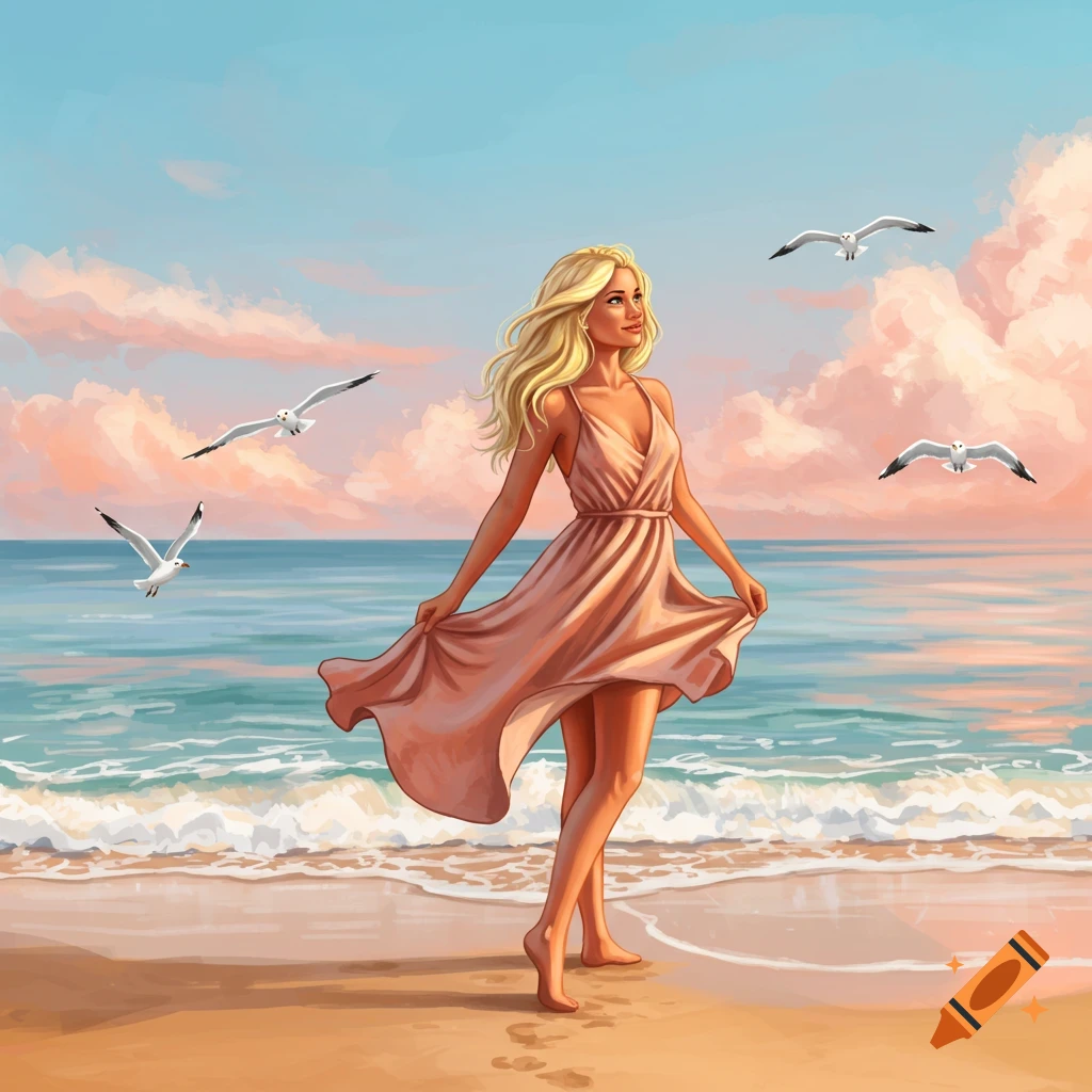 Illustrated image of a blond woman in a peach sundress standing on a beach with ocean waves, seagulls, and a pastel sky.