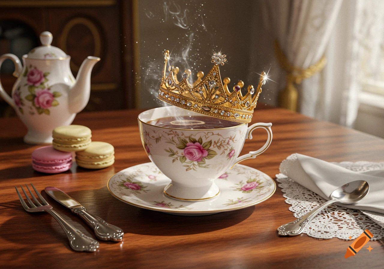A photorealistic still life of a teacup filled with hot tea, adorned with a golden crown, on a table with macarons, a teapot, and cutlery.