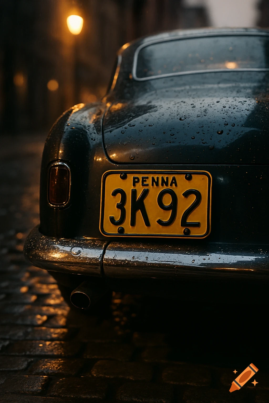 Close-up rear view of a dark vintage car covered in rain droplets, with a yellow license plate reading 'PENNA 3K92', parked on a wet cobblestone street at night under a streetlamp.