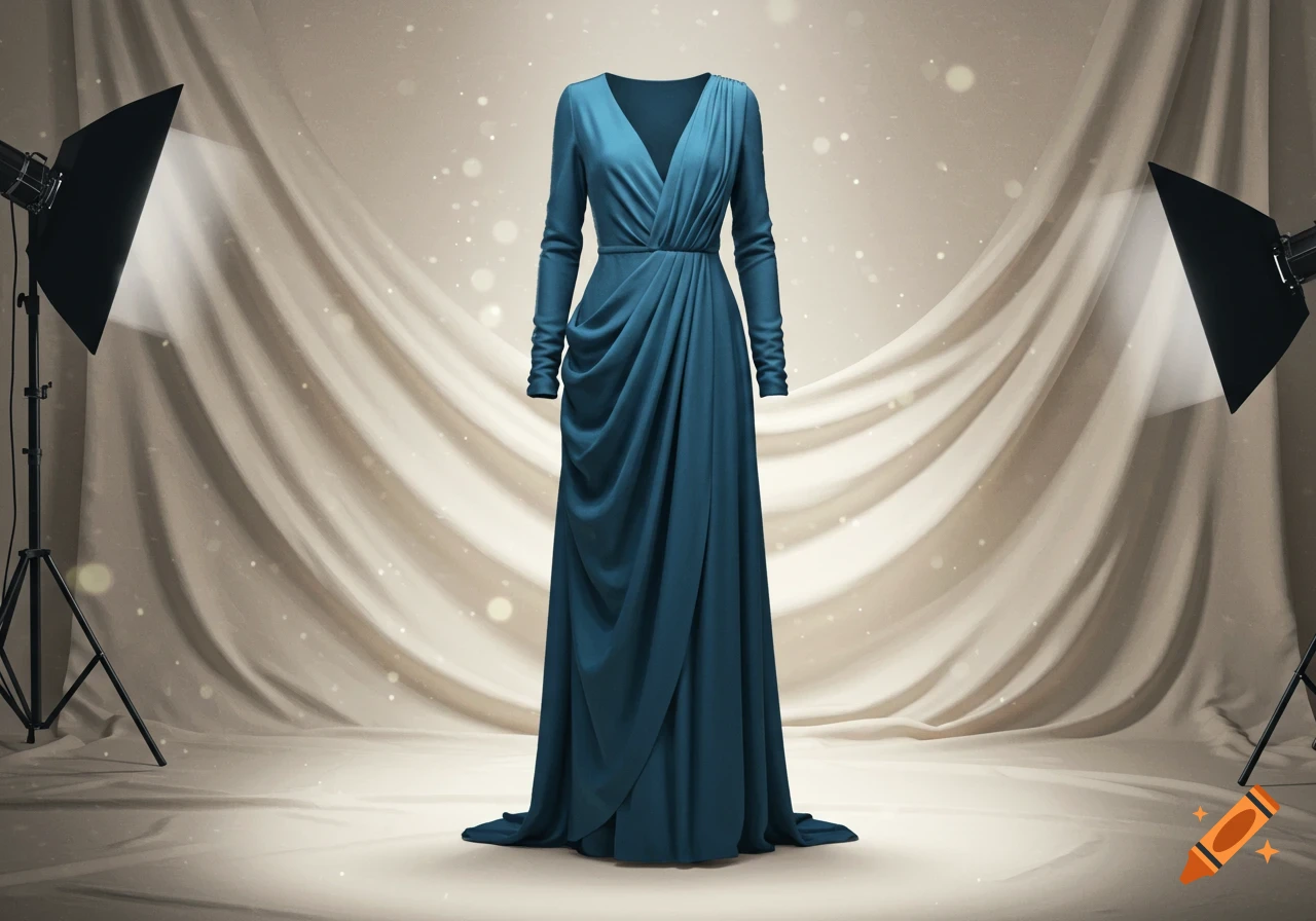 A teal maxi dress with long sleeves and elegant side draping displayed in a studio setting with lighting and a flowing beige backdrop.