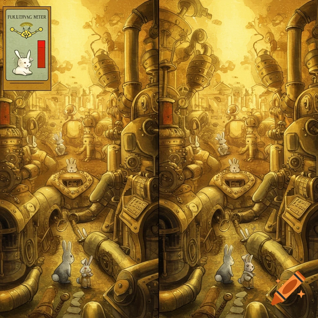 A whimsical, steampunk-style world filled with brass machinery and pipes, where stylized rabbits wander. The image is split into two halves.