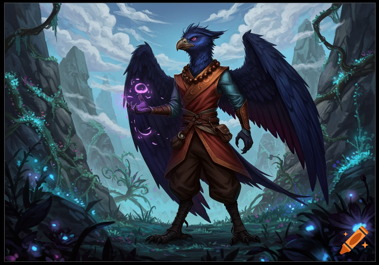 A blue-feathered Aarakocra monk with red robes stands in a mystical forest, holding glowing purple magic.