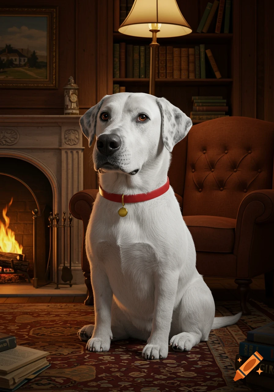A photorealistic white dog with black spots and a red collar sits on a patterned rug in a cozy room with a fireplace, armchair, bookshelves, and a lamp.