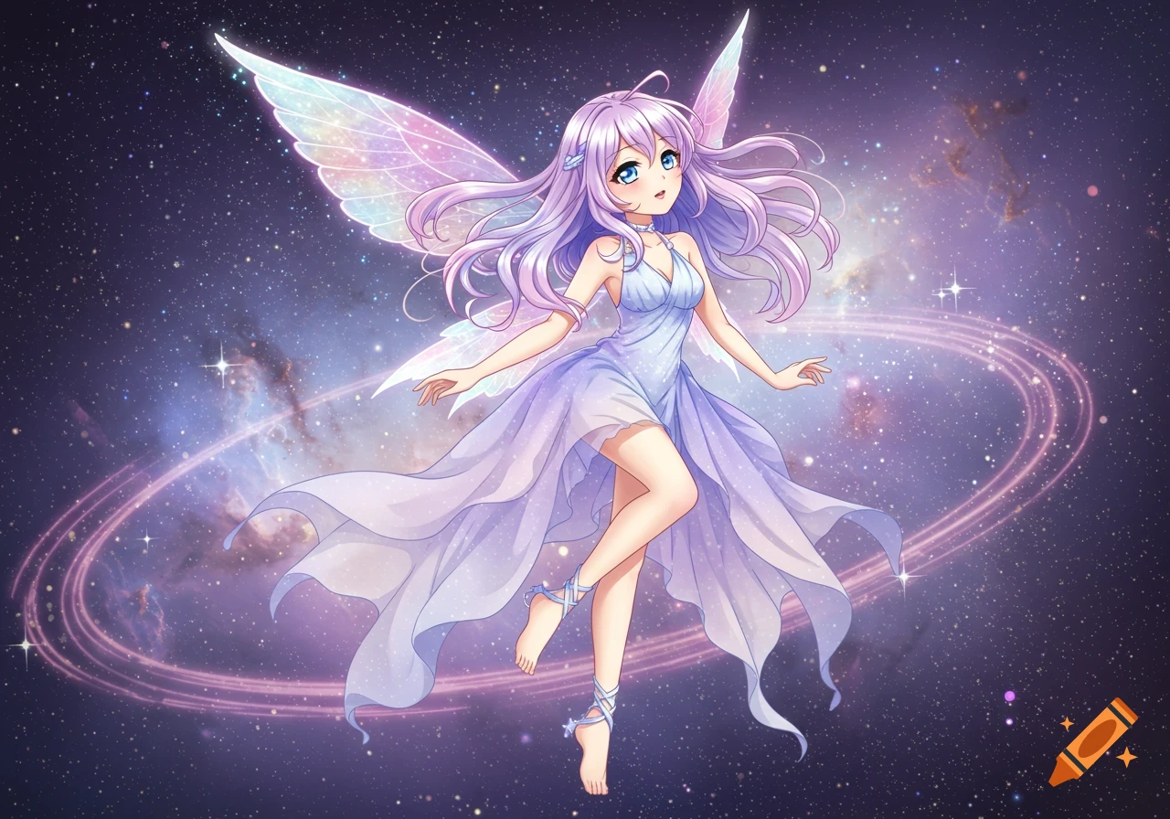 An anime fairy with long purple hair and iridescent wings floats in space, wearing a light blue and purple flowing dress.