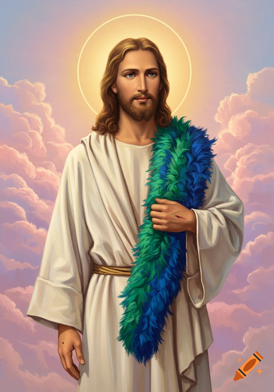 An illustrated depiction of Jesus wearing a white robe and a green and blue feathered boa, with a halo against a cloudy sky.