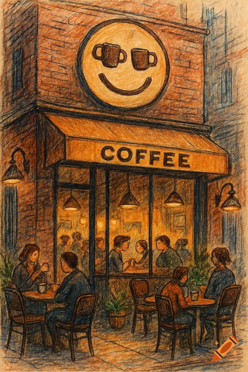A colored pencil sketch of a coffee shop with a smiley face logo made of coffee cups on the building, people are inside and outside.