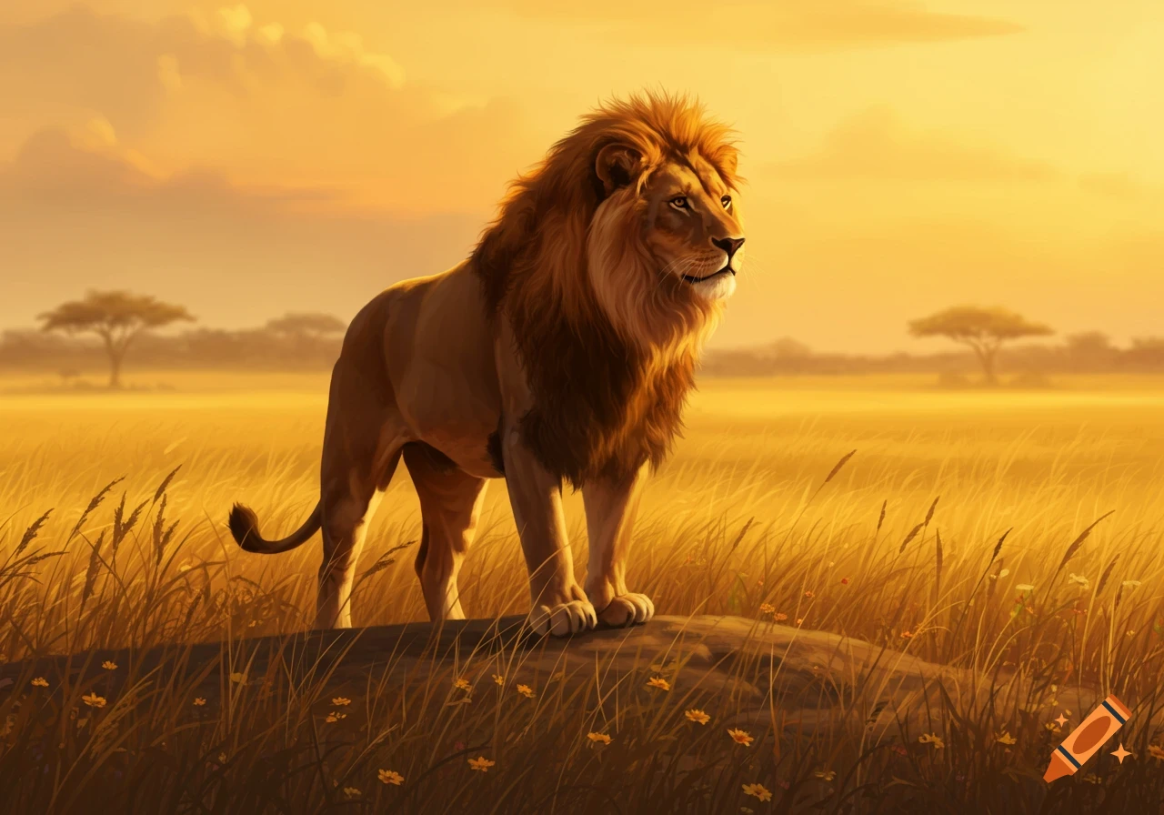 A majestic lion stands on a small rise in a golden savanna at sunset, looking to the right. The sky is warm orange.