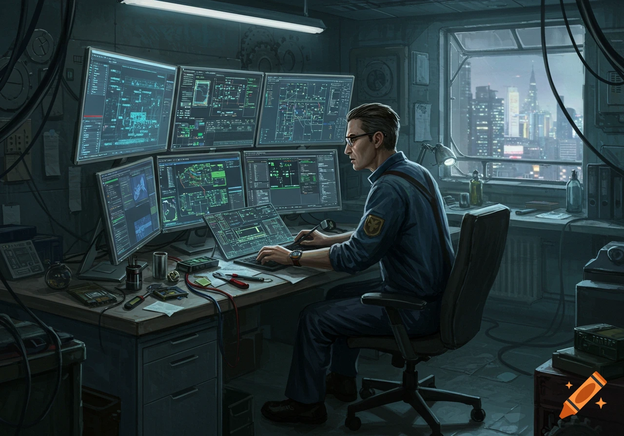 A man works at a desk with multiple computer monitors displaying glowing schematics and code in a cluttered, sci-fi themed office overlooking a city at night.