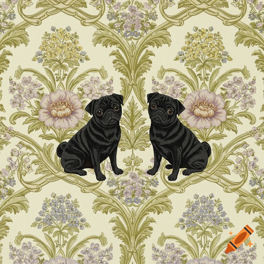 Two black pugs sit prominently on an ornate, light green and lavender floral wallpaper pattern.