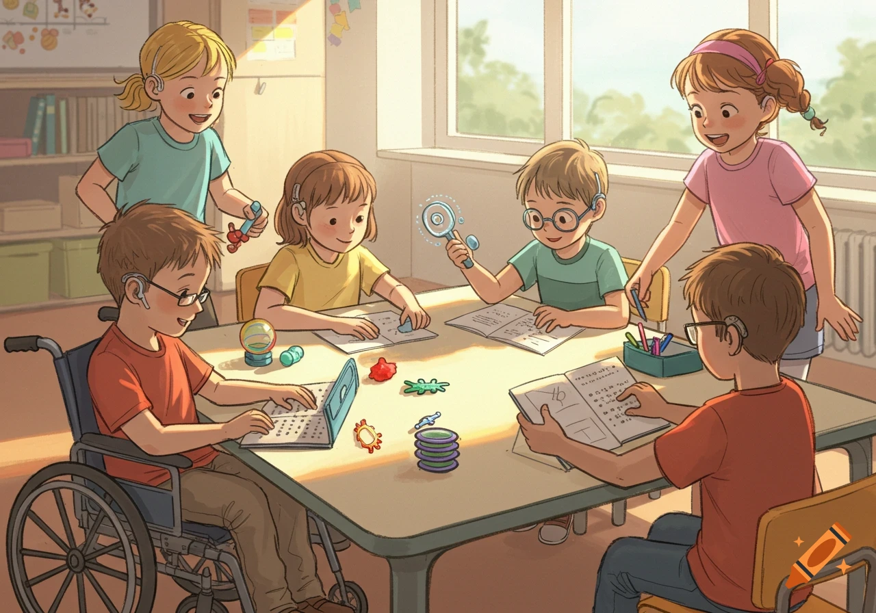 Diverse children in a classroom setting, some with disabilities, learning and interacting together around a table.