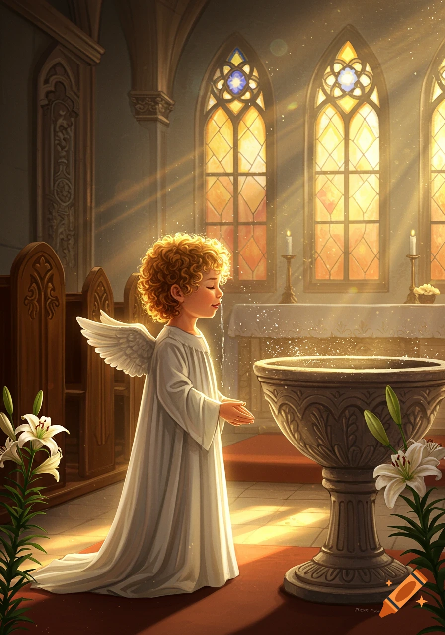 A young child with wings in a white robe stands before a baptismal font in a sunlit church, water splashing.