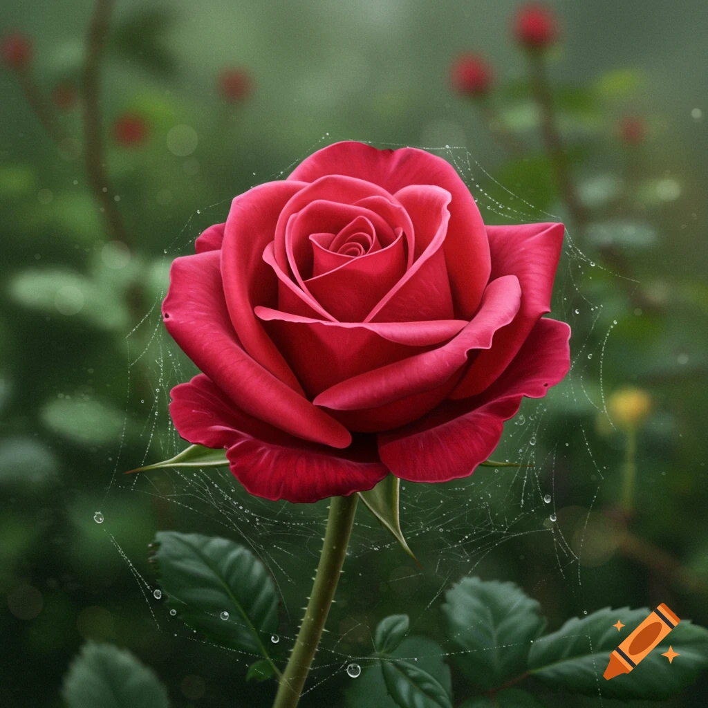 A vibrant red rose with dew drops and a spiderweb, against a blurred green background.