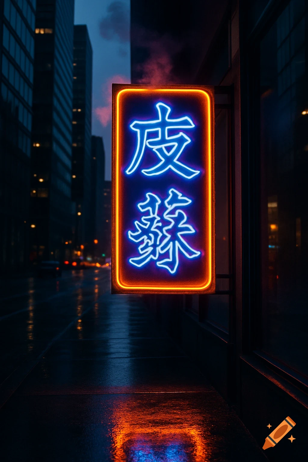 A vibrant blue and orange neon sign with Chinese characters on a wet city street at night, reflecting in puddles.
