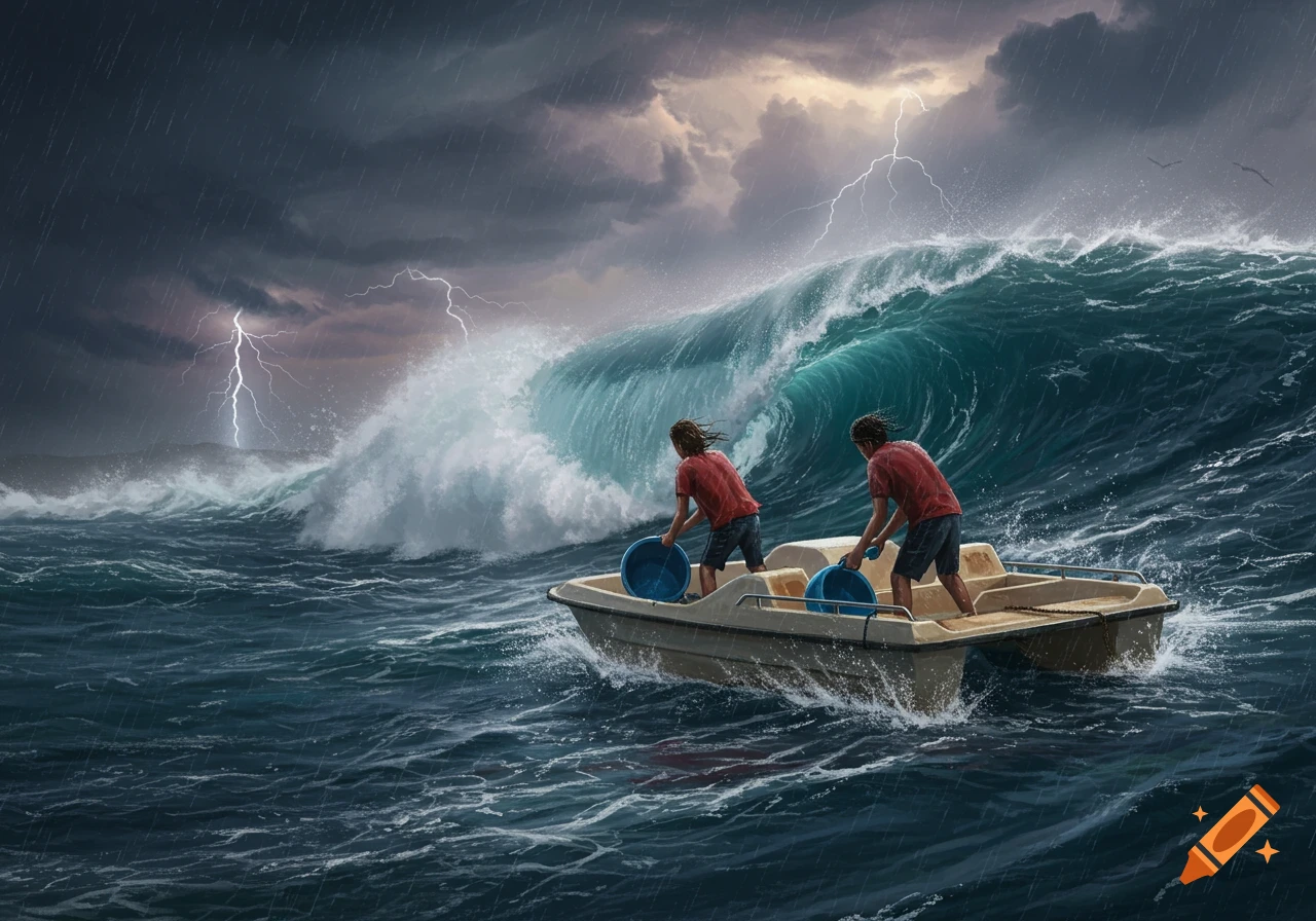 Two people in a small boat struggle to bail water in a violent ocean storm with huge waves, lightning, and heavy rain.